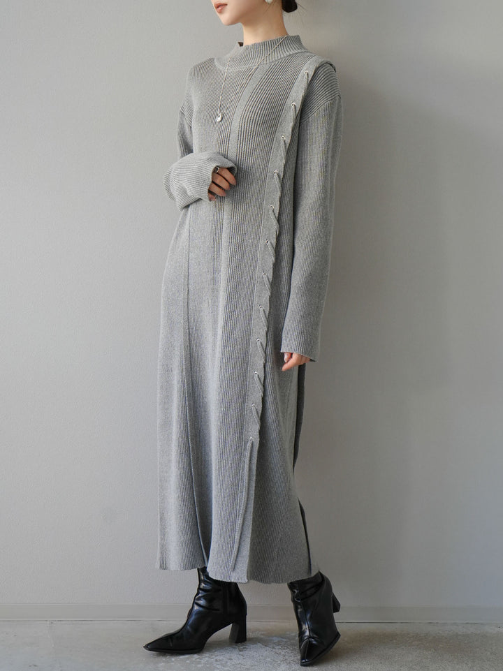 [SET] 不對稱繫帶高領針織連身裙 + 可選飾品套裝 (2套)