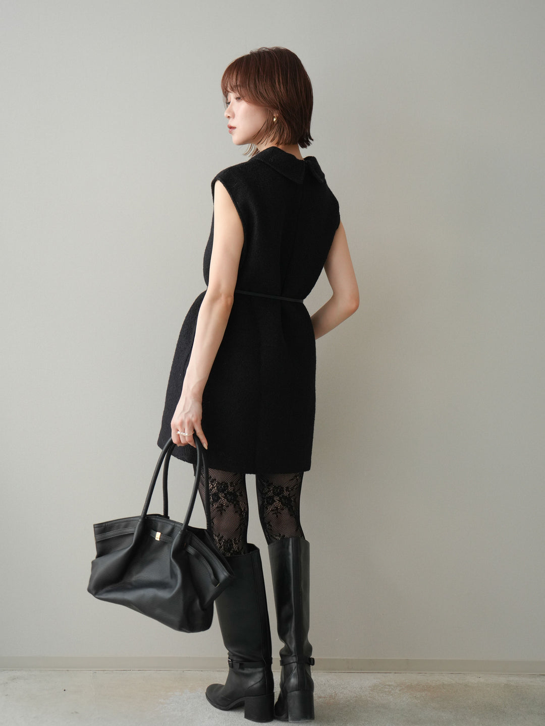 [予約]襟付きブークレミニワンピース/black