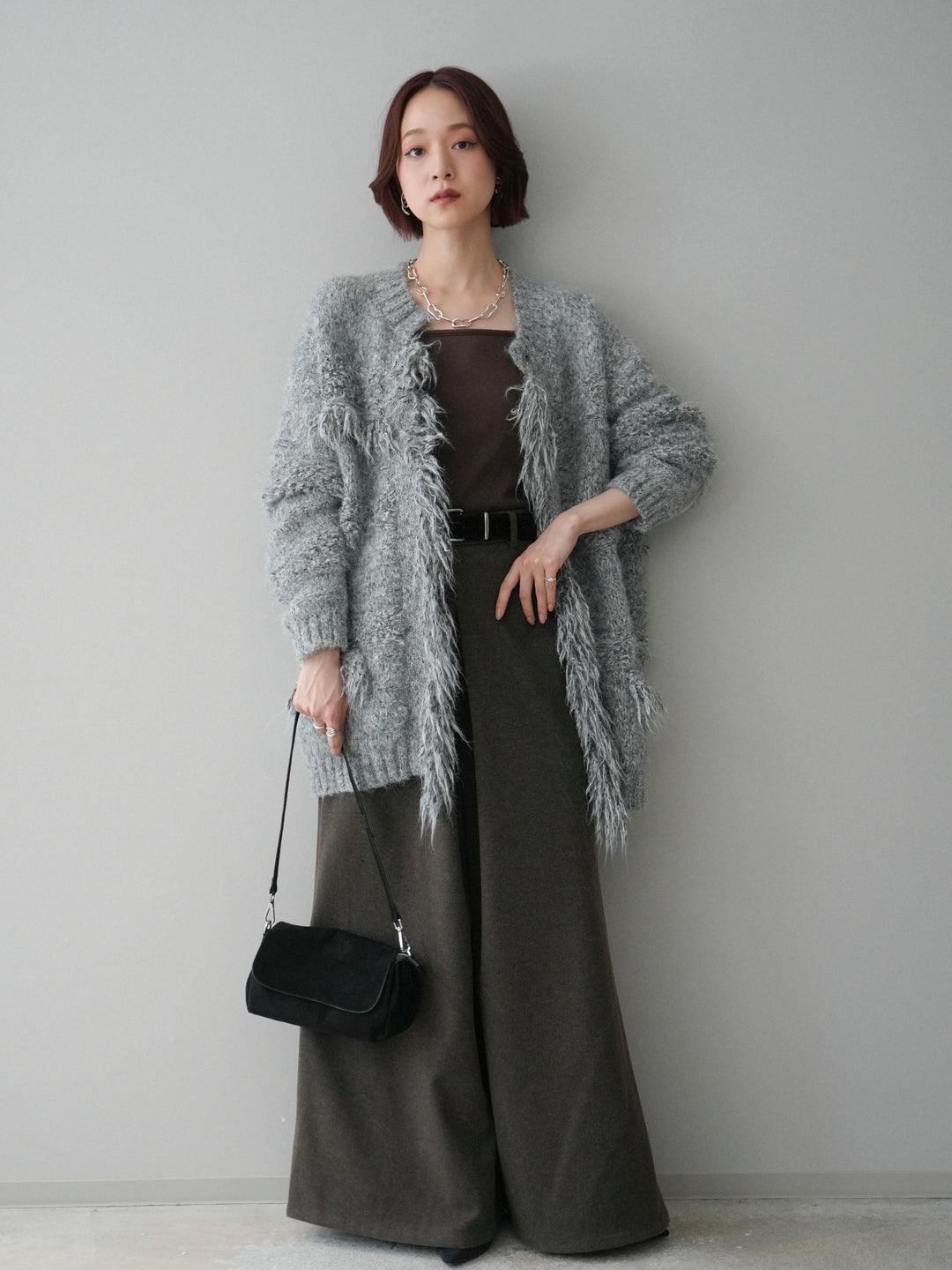 [SET]ミックスヤーンフリンジデザインニットジャケット+ベルト付きフロントタックワイドパンツ(2set)