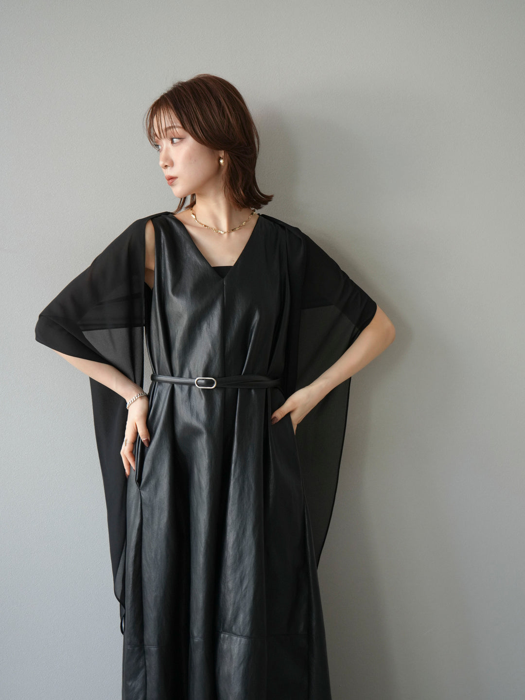 [予約]レザーAラインワンピース/ブラック