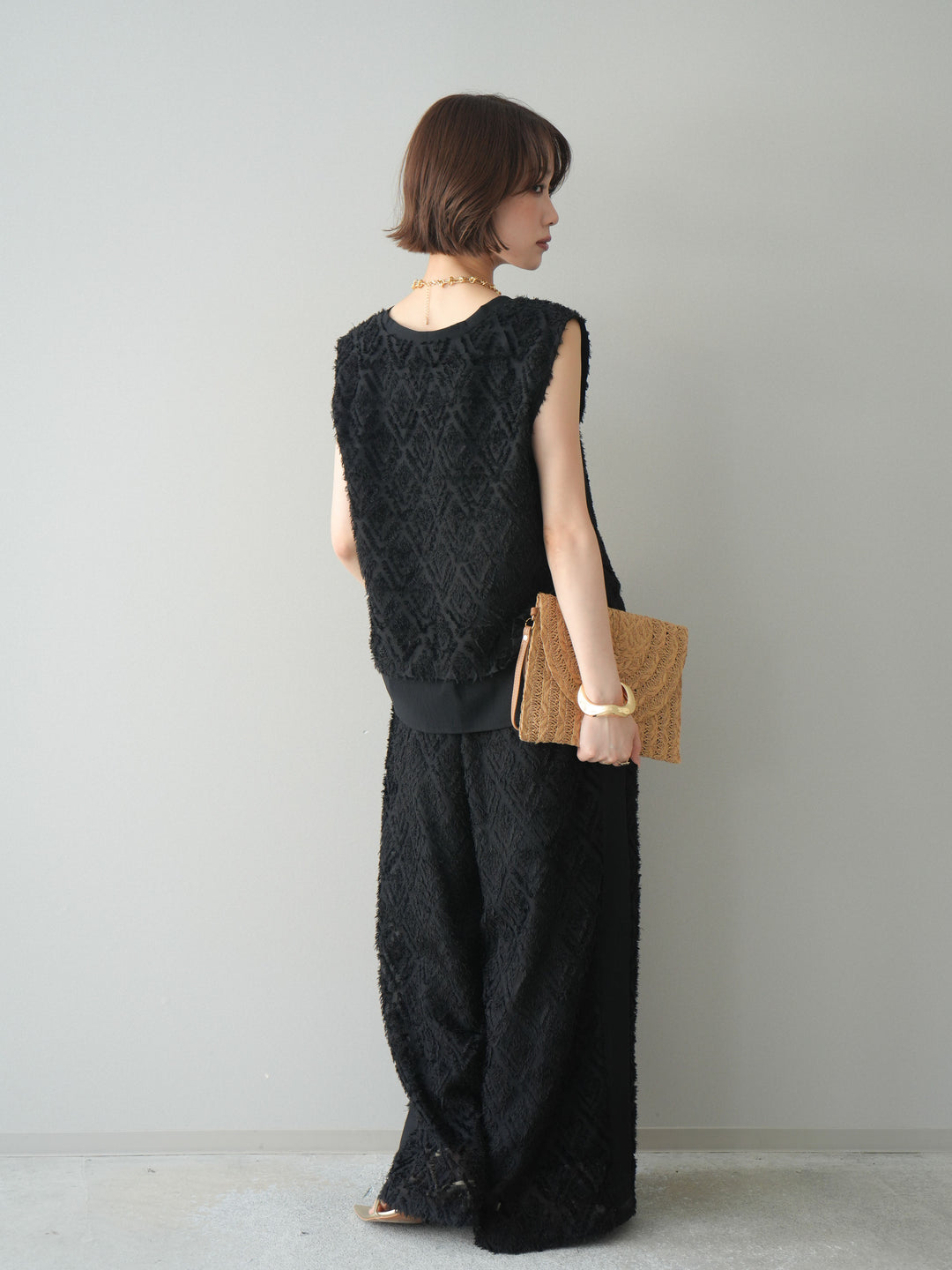 [SET]フリンジレイヤードVネックノースリーブ+フリンジイージーストレートパンツ(2set)