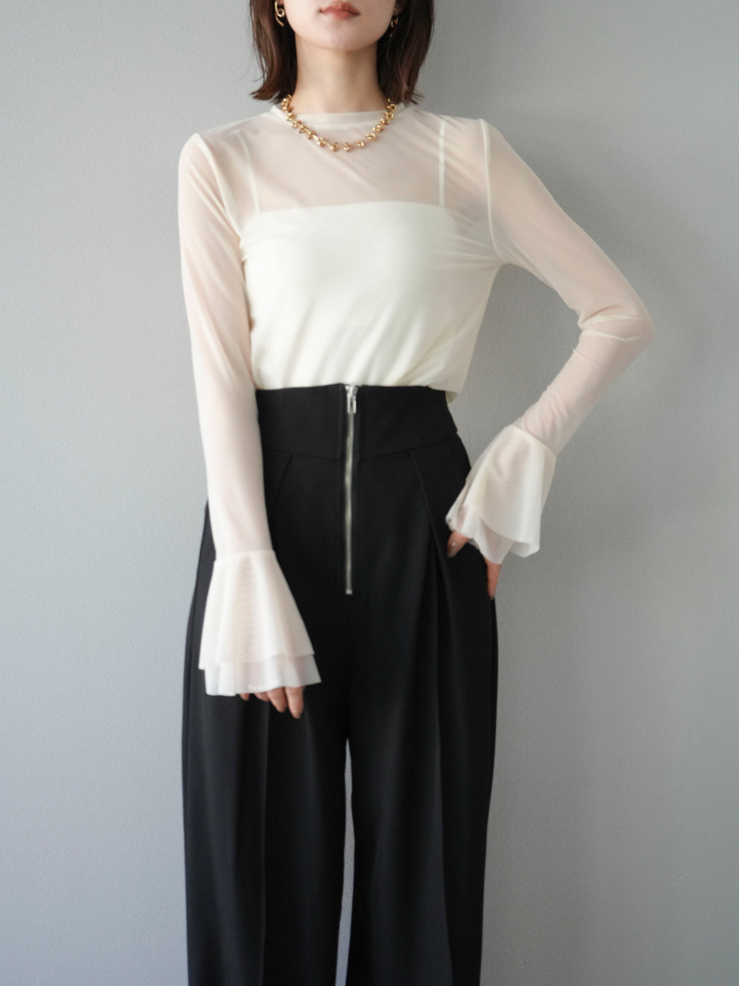 [予約]フレアロングスリーブパワーメッシュトップス/アイボリー