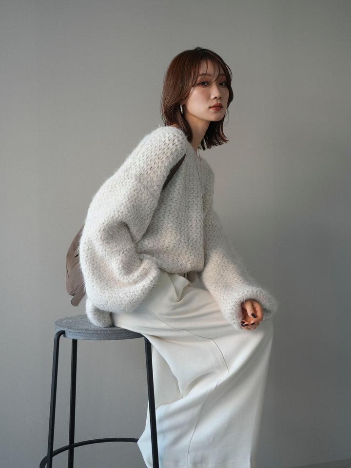 [予約]ウールタッチラメミックスヤーンVネックニットプルオーバー/ivory