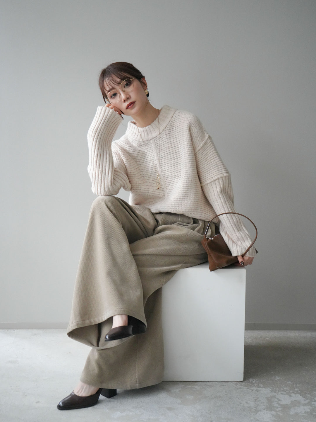 [予約]編み地切替ボトルネックニットプルオーバー/oatmeal