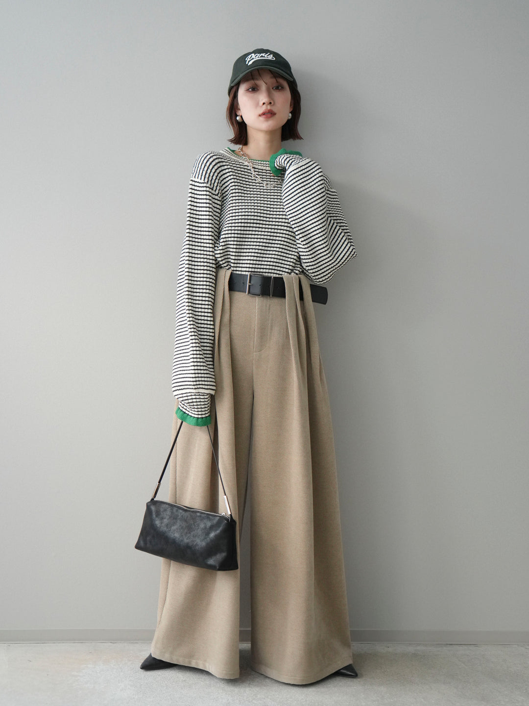 [SET]ラメ異素材ボーダーリブニットプルオーバー+ベルトデザインループコールテンワイドパンツ(ベルト付き)(2set)