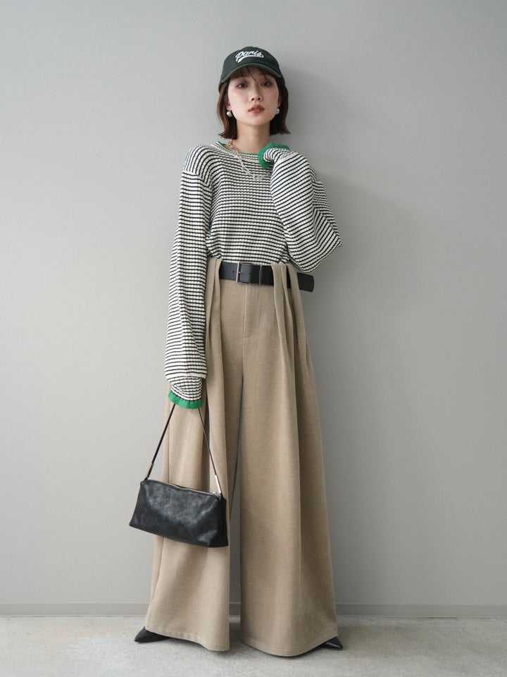 [SET]ラメ異素材ボーダーリブニットプルオーバー+ベルトデザインループコールテンワイドパンツ(ベルト付き)(2set)