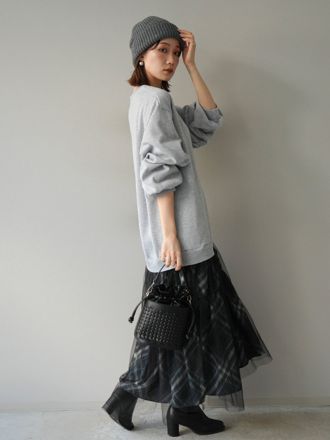 [予約]スウェットドッキングチェック柄レイヤードワンピース/グレー