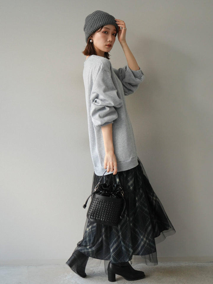 [予約]スウェットドッキングチェック柄レイヤードワンピース/グレー