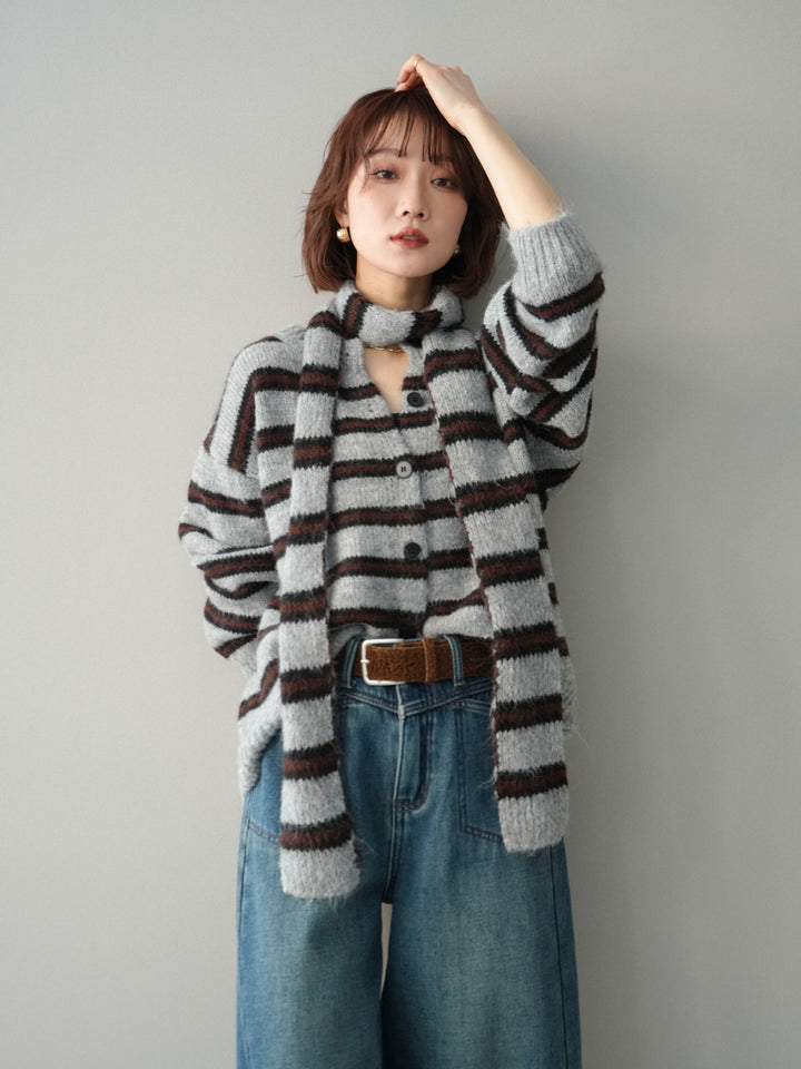 [SET]ボウタイ付きボーダーニットプルオーバー+選べるアクセセット(2set)