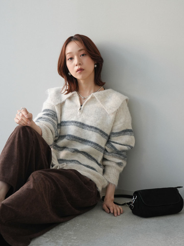 [予約]ハーフジップボーダーニットプルオーバー/ivory