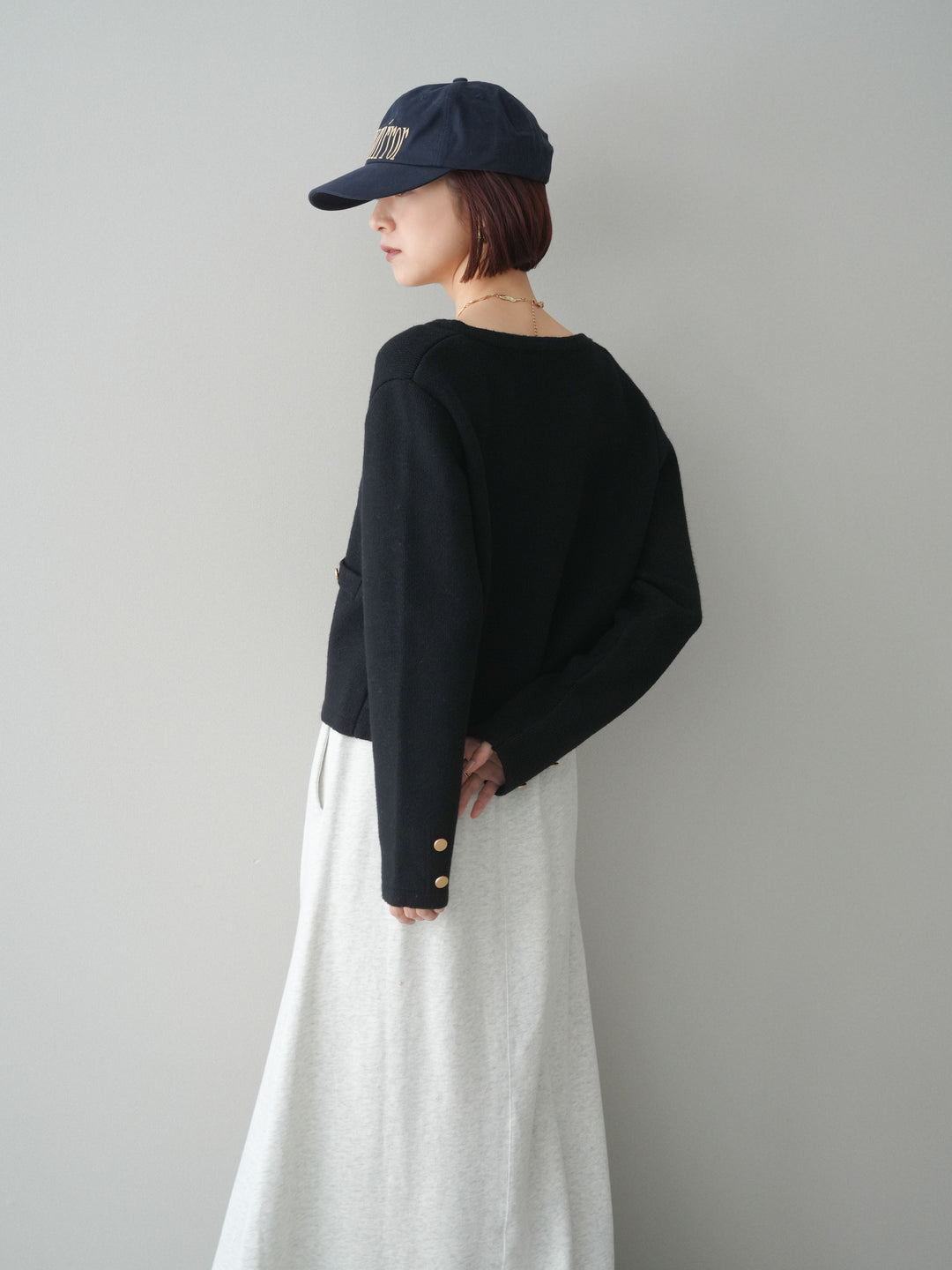 [予約]ゴールドボタンノーカラーニットジャケット/black