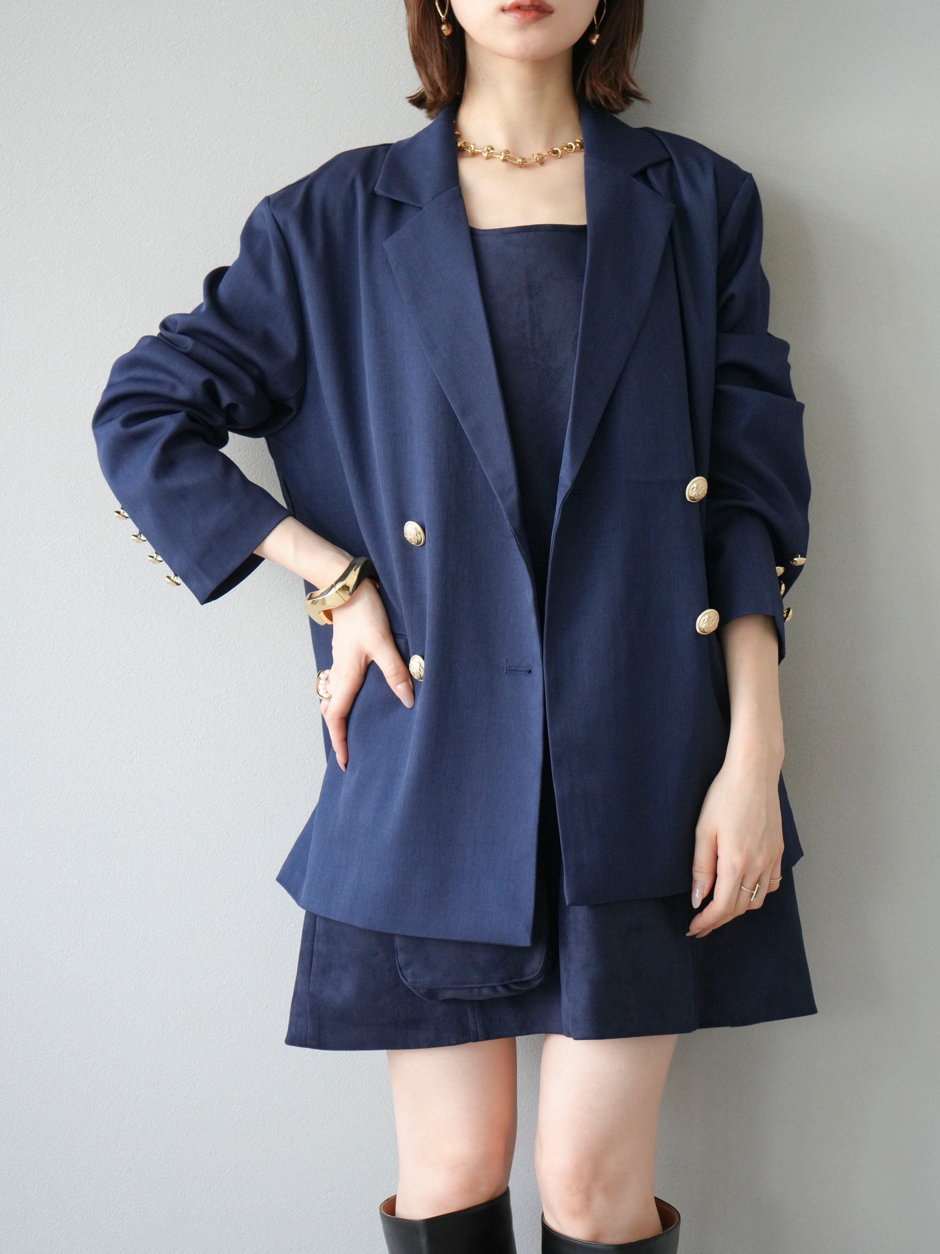 SET]ゴールドボタンツイルダブルテーラードジャケット+ショルダー