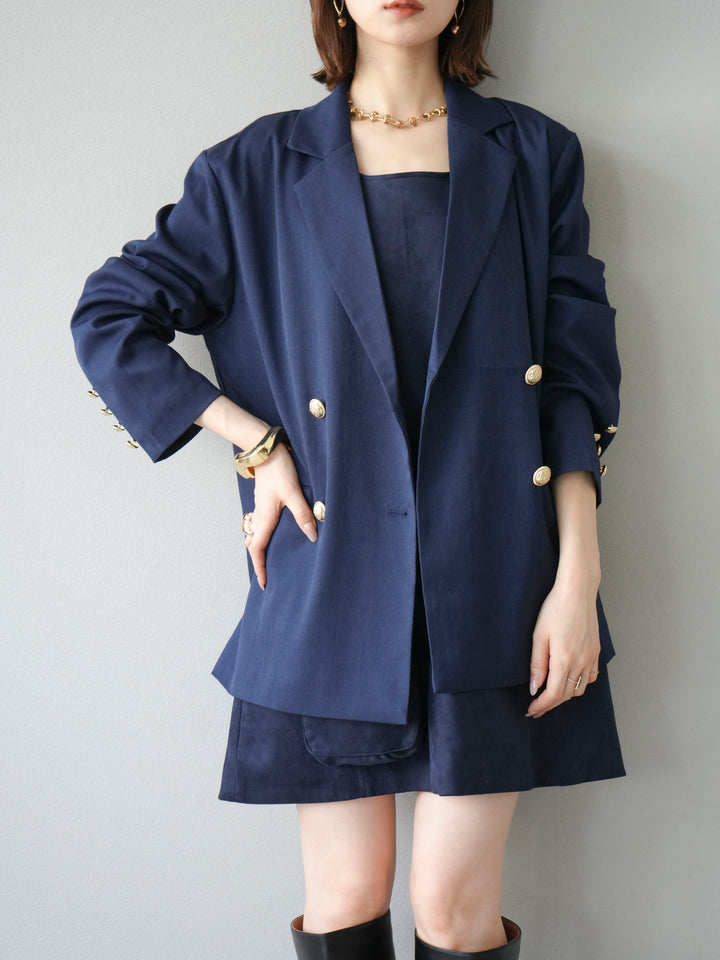 [SET]ゴールドボタンツイルダブルテーラードジャケット+ショルダーポーチ付スウェードミニワンピース(2set)