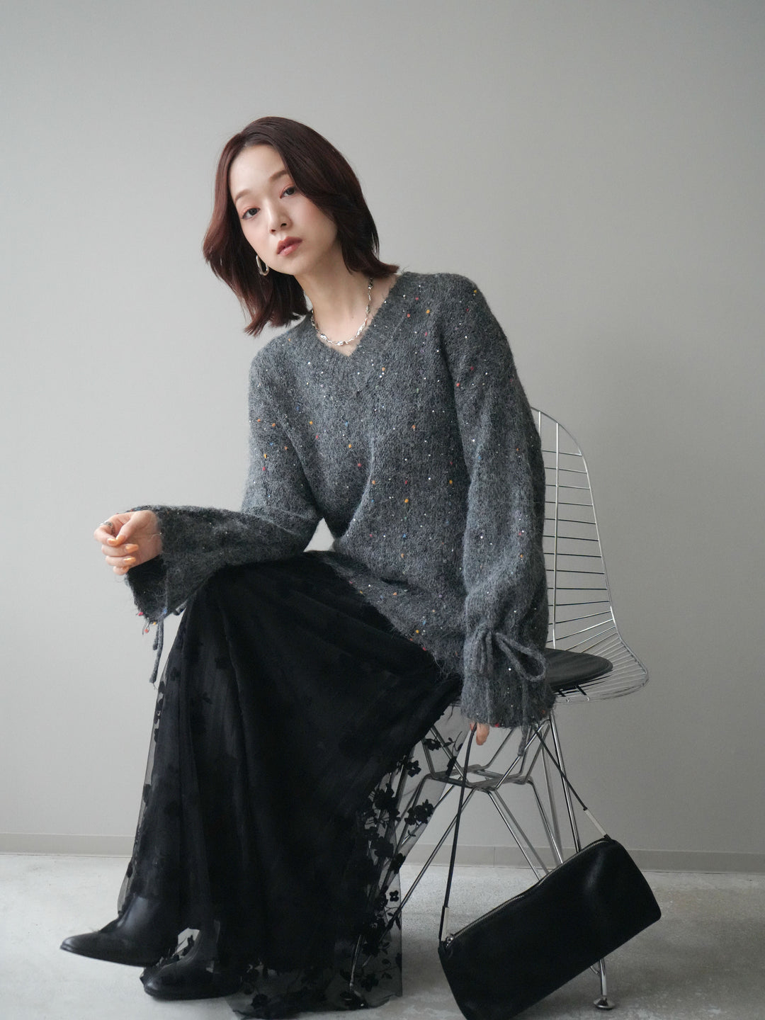 [SET]キャンディースリーブカラーネップスパンコールニットプルオーバー+フラワーフロッキーチュールプリーツスカート(2set)