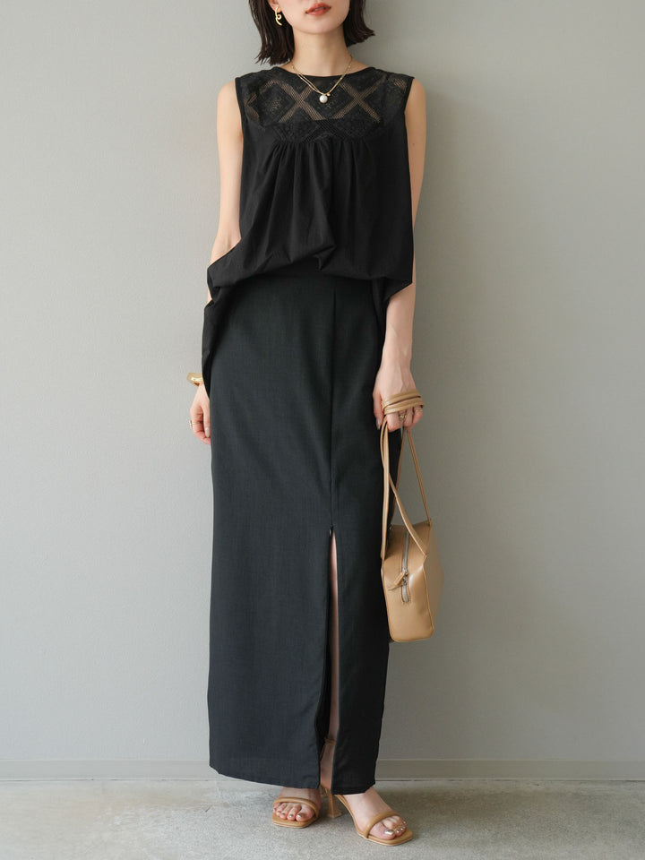 [予約]インド製コットンレース切替ノースリブラウス/ブラック