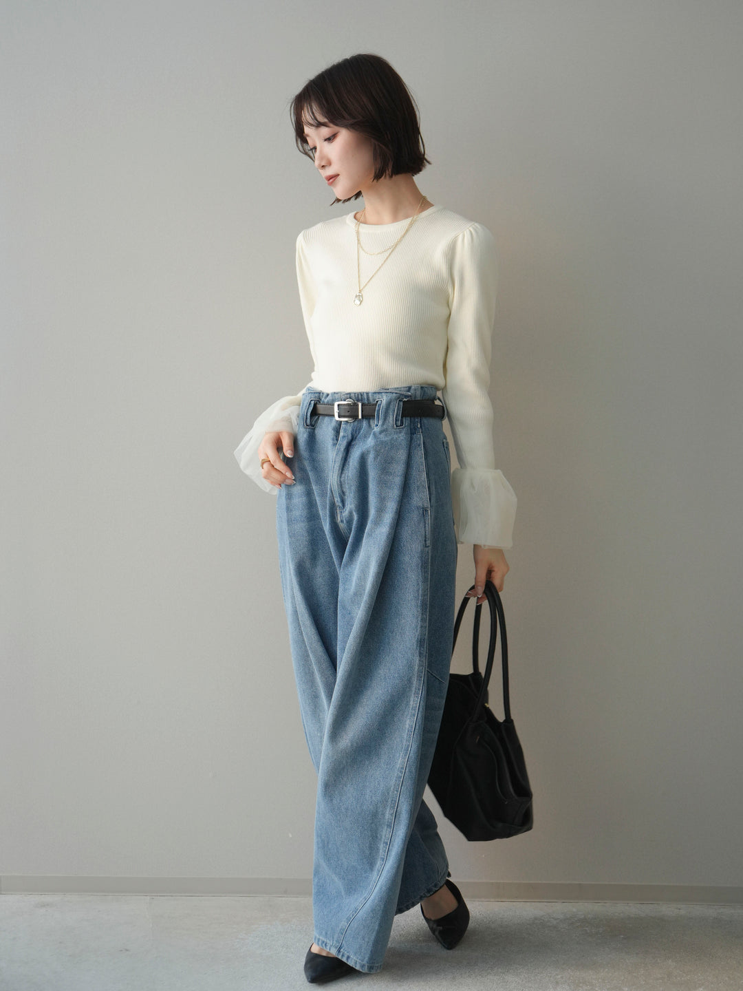 [SET]袖チュールパワショルリブニットトップス+ハイウエストベルトループデザインデニムパンツ(2set)