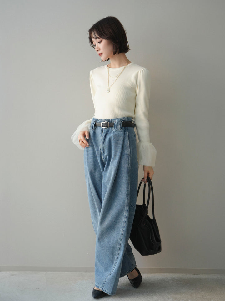 [SET]袖チュールパワショルリブニットトップス+ハイウエストベルトループデザインデニムパンツ(2set)