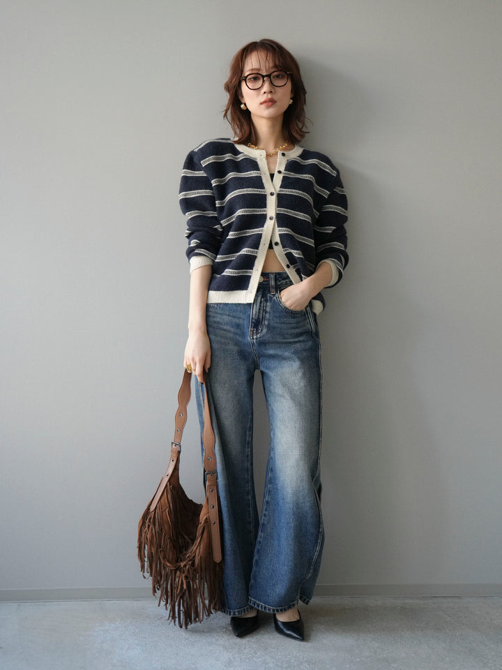 [予約]配色ボーダーニットカーディガン/navy