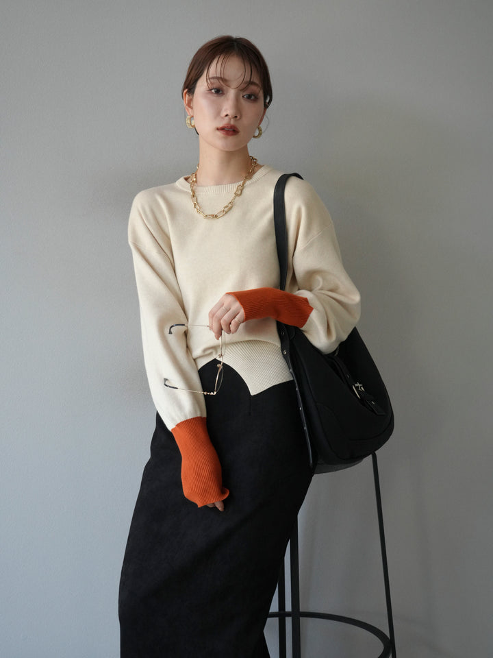 [予約]袖配色フロントスリットニットプルオーバー /アイボリー