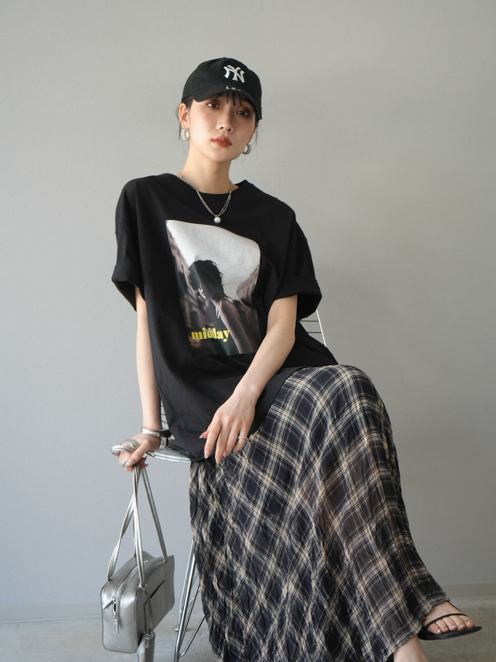 [SET]ネオンロゴフォトプリントBIG Tシャツ+シアーチェックアシンメトリーワッシャースカート(2set)