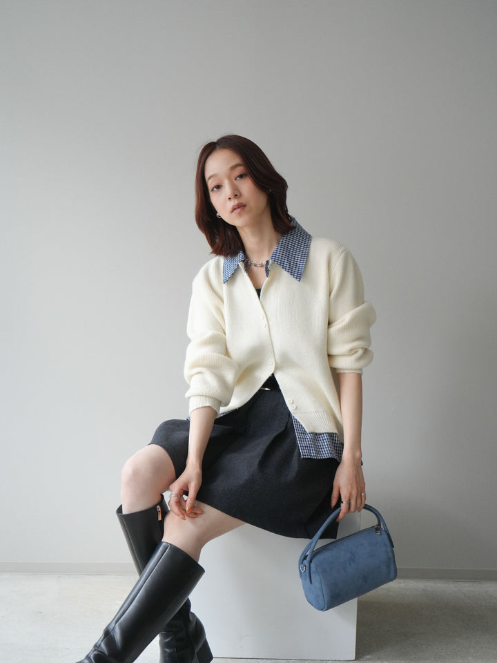 [SET]チェックシャツ襟ニットカーディガン+ベルト付きタックミニスカート(2set)