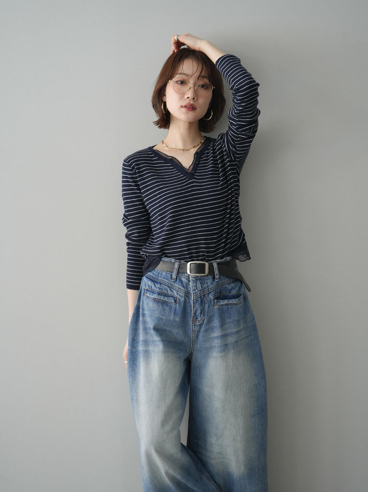 [SET]チュールレイヤードデザインボーダーニットトップス+フロントポケットサイドタックワイドデニム(2set)