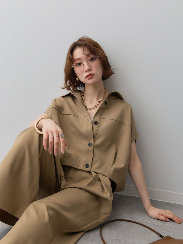 【套裝】縐綢燈籠無袖襯衫 + 縐綢闊腿褲（兩件套）