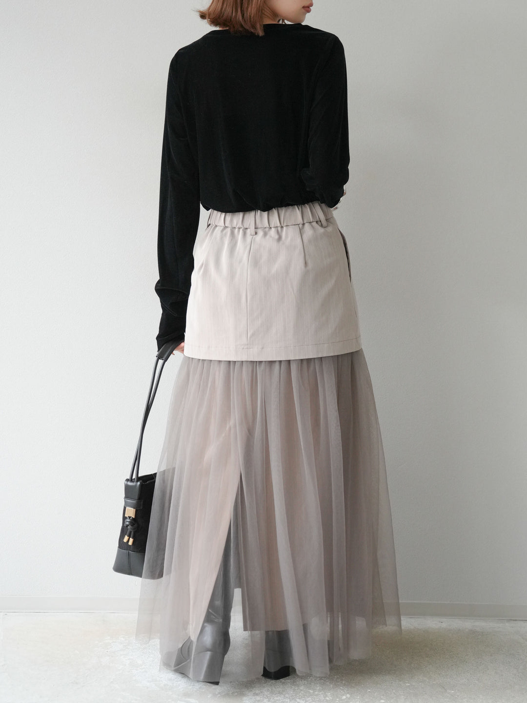 [予約]ストライプ切替チュールスカート/ベージュ