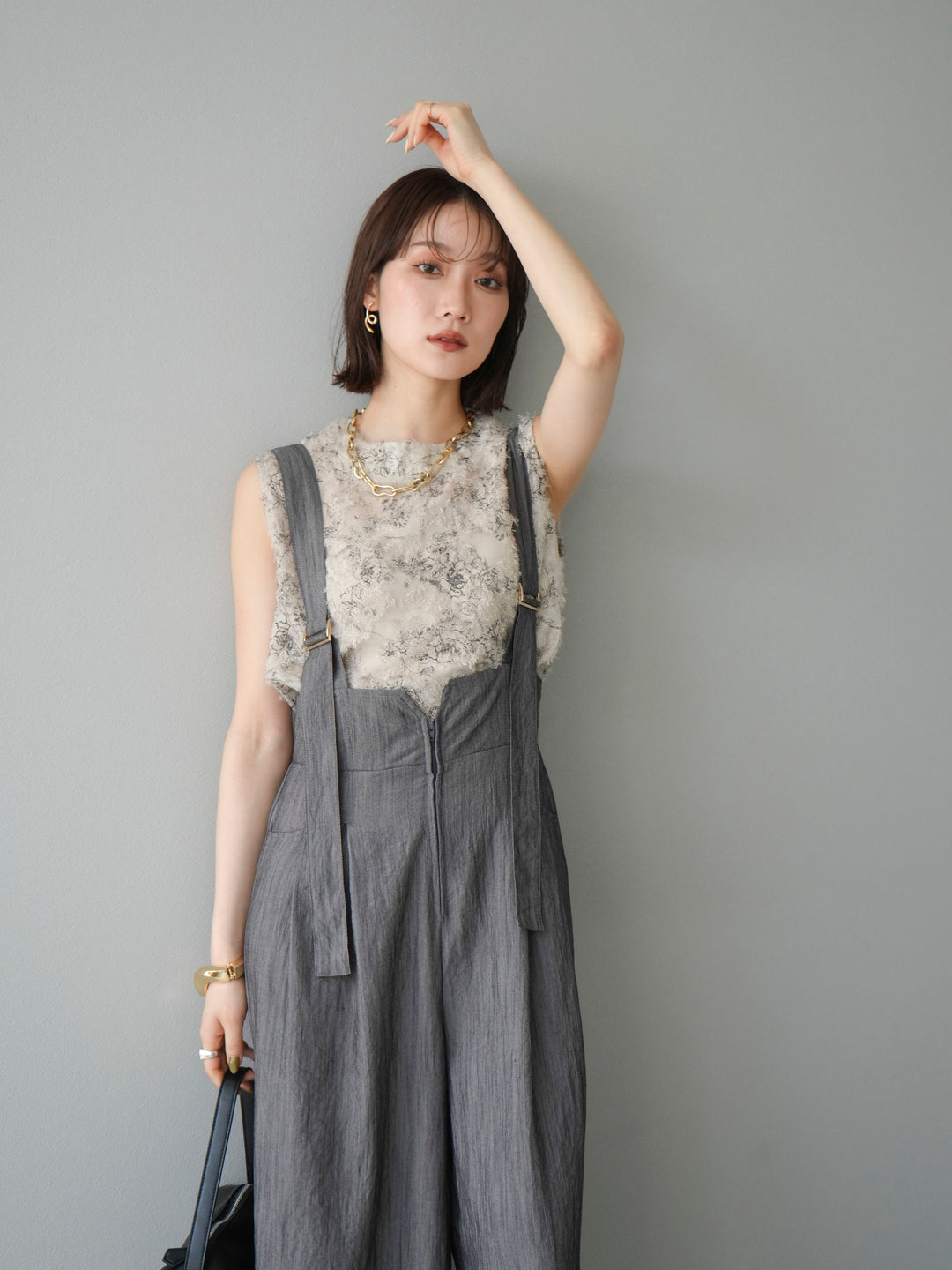 [予約]ストリングデザインハイウエストサロペット/チャコール