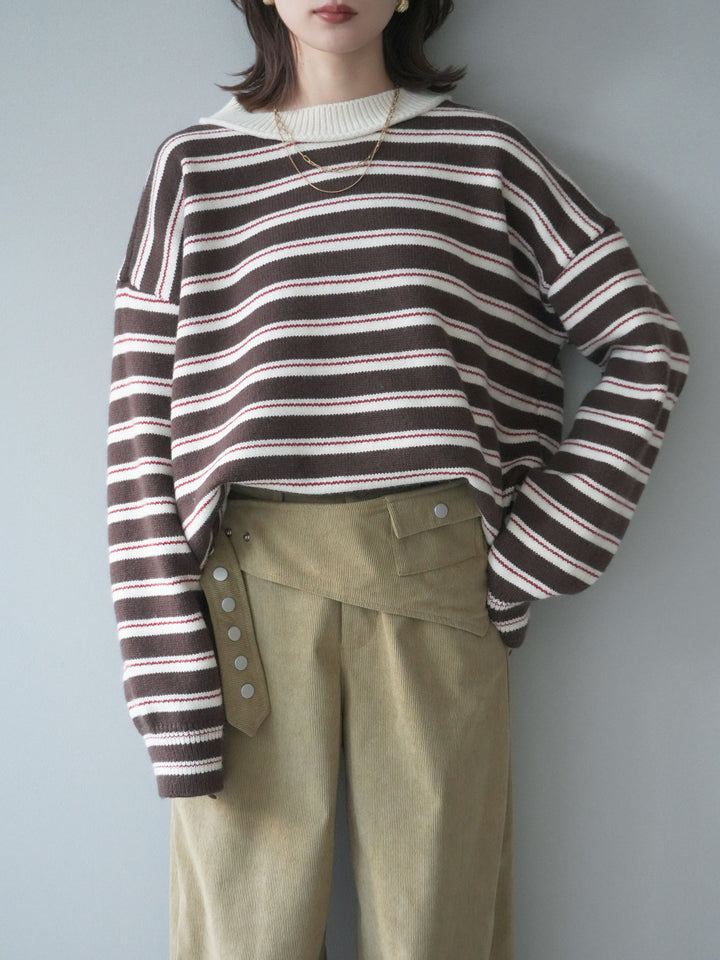 [予約]モックネックボーダーニットプルオーバー/brown
