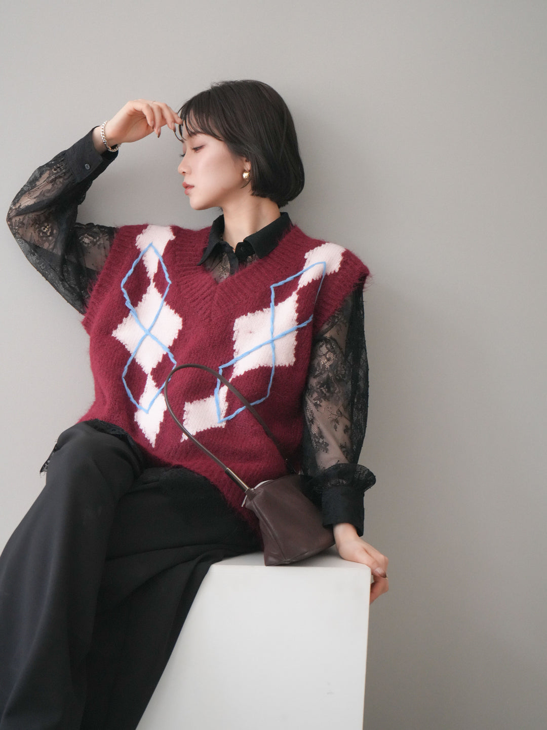 [SET]アーガイルVネックニットベスト+選べるアクセセット(2set)