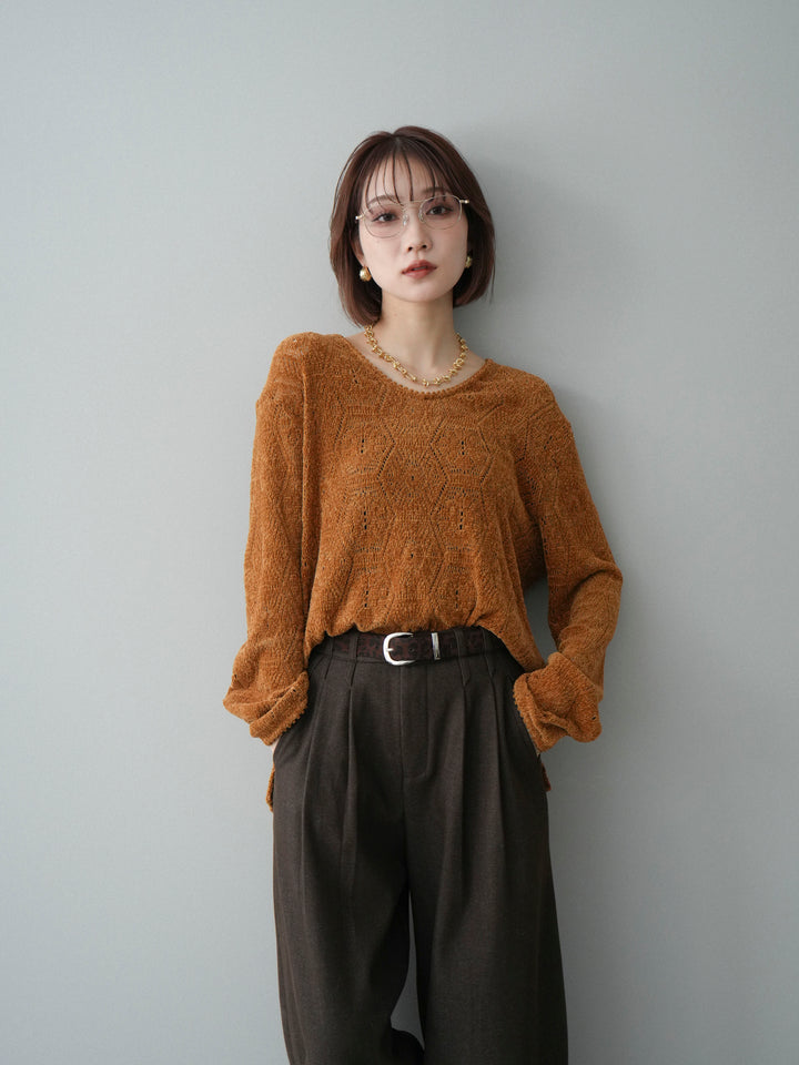 [SET]モール透かし編みニットトップス+アニマル柄ベルト付きウールタッチワイドパンツ(2set)