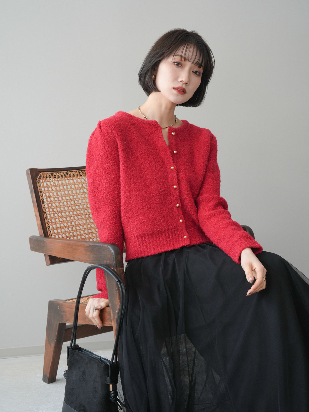 [SET]ゴールドボタンブークレニットカーディガン+チュールボリュームスカート(2set)