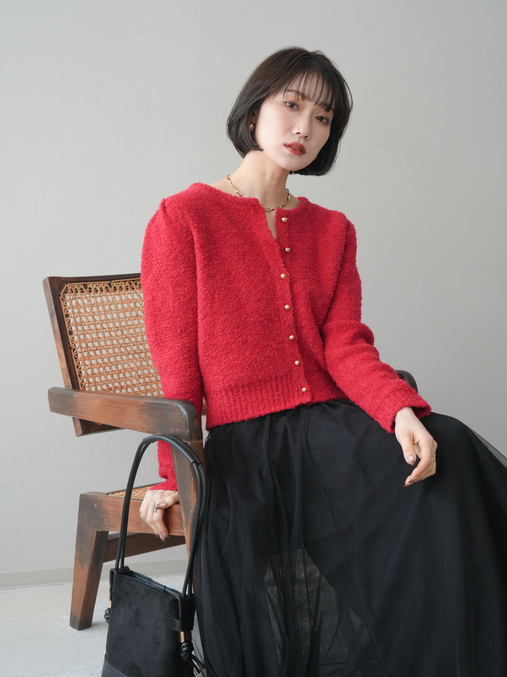 [SET]ゴールドボタンブークレニットカーディガン+チュールボリュームスカート(2set)