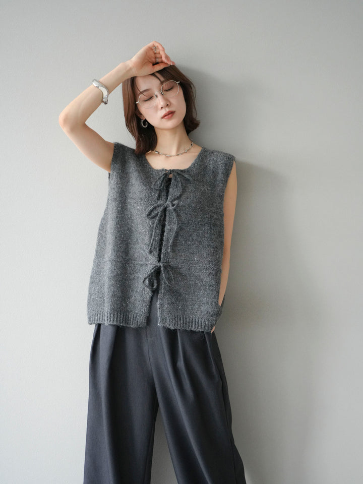 [予約]フロントスリットリボンニットベスト/グレー