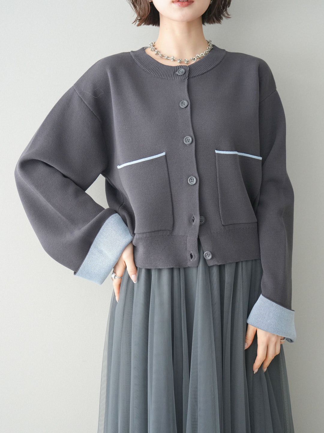 [予約]レーヨンポリダブルフェイスニットカーディガン/charcoal