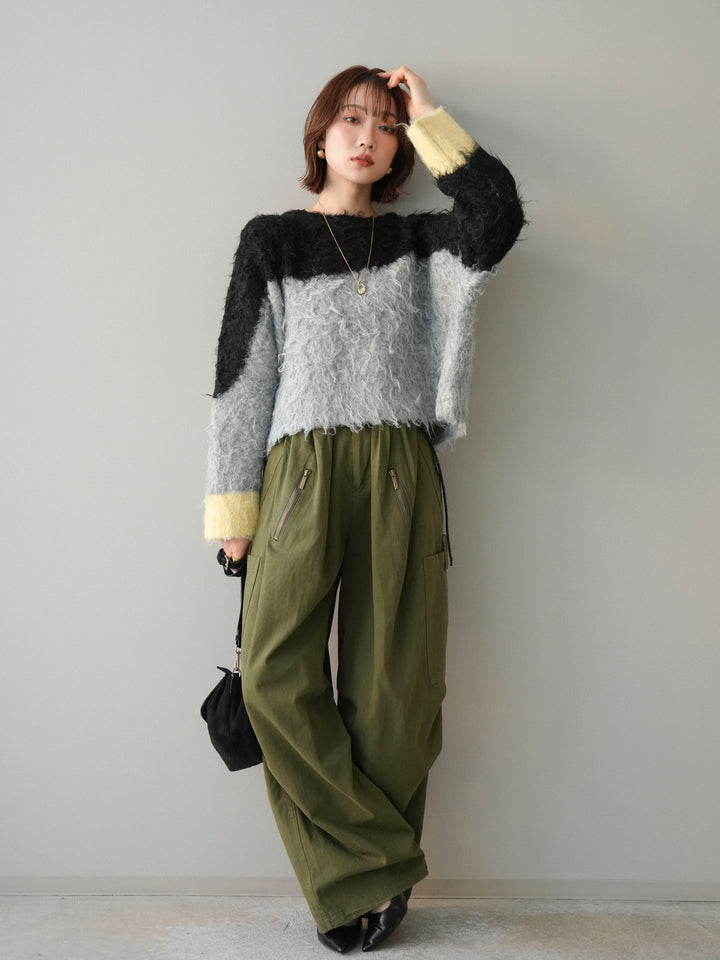 [SET]バイカラーモヘアタッチニットプルオーバー+コットンタックループパンツ(2set)