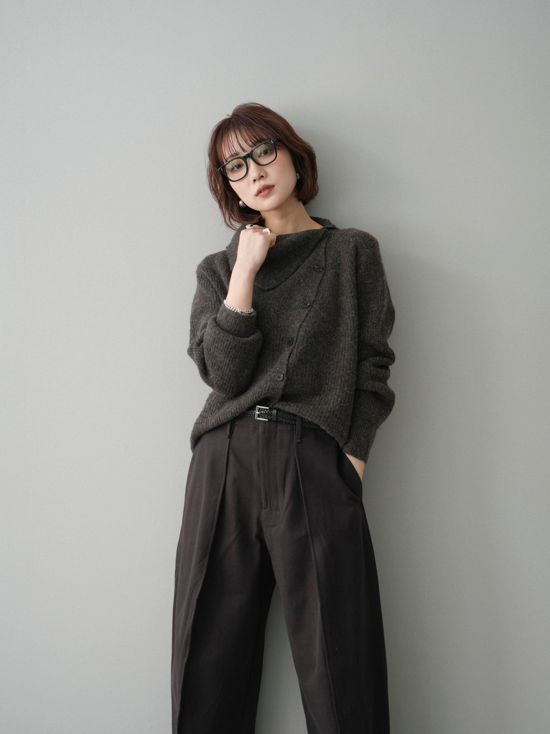 [SET]ハイネックデザインボタンニットカーディガン+選べるアクセセット(2set)