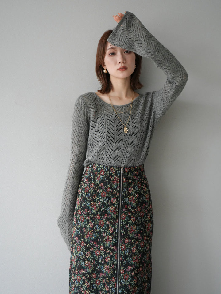 [予約]透かし編みニットトップス/グレー