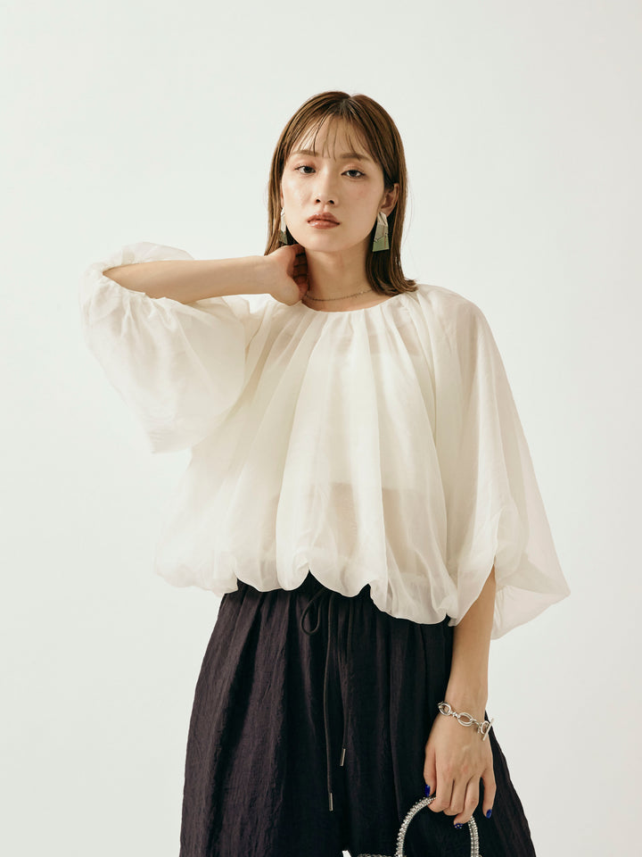 【Allure】[SET]オーガンジーバルーンショートブラウス+シャイニースラブシアーワイドパンツ(2set)