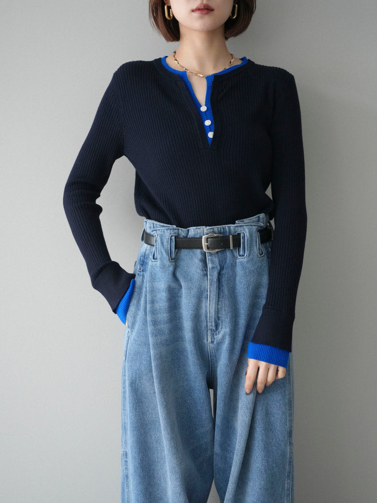 予約]バイカラーキーネックリブニットトップス/blue – Lumier