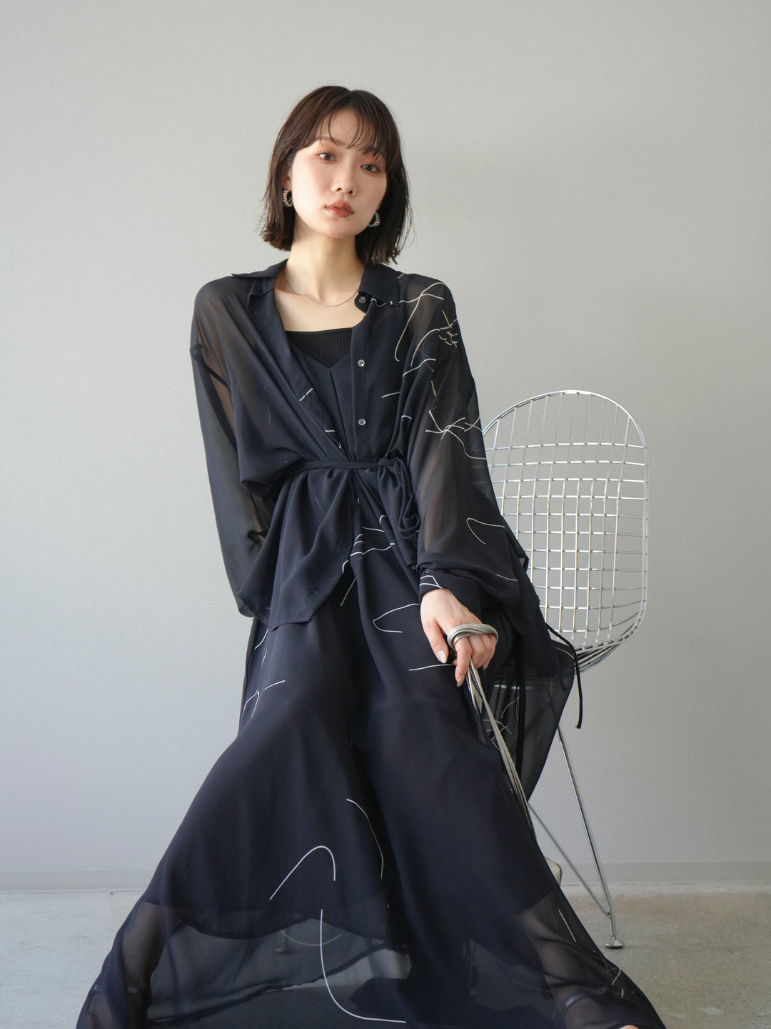 [SET]ペンタッチシフォンキャミワンピース+ペンタッチシフォンシャツ(2set)