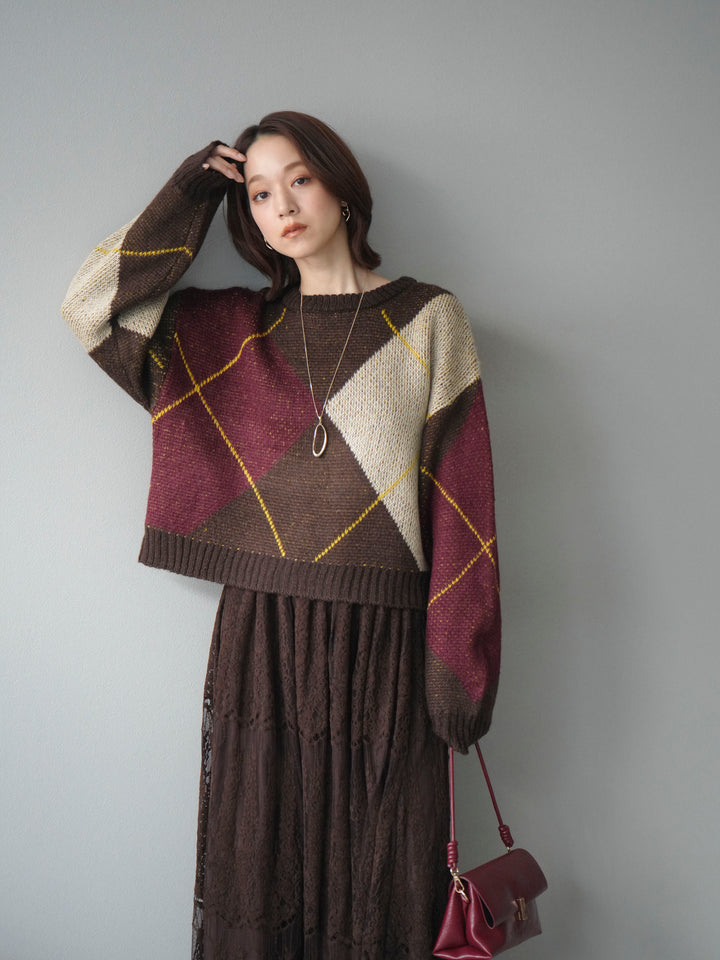 [SET]配色ステッチアーガイル柄ニットプルオーバー+ヴィンテージライクメッシュレーススカート(2set)