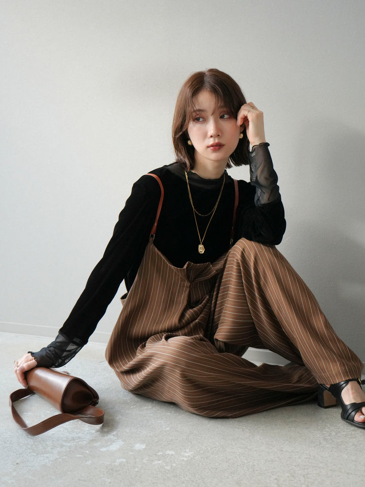 【着回しセット】[SET]ヘリンボーンストライプジレ+シアー切替ベロアトップス+ヘリンボーンストライプサロペット(3set)