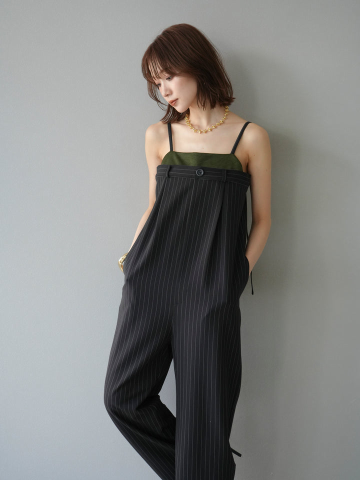 [予約]サテン切替ピンストライプサロペット/ブラック