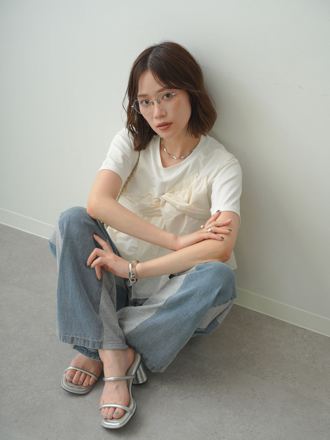 [SET]ナイロンドッキングツイストTEE +デニム切替スウェットパンツ(2set)