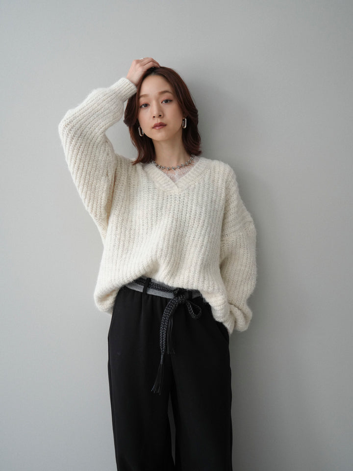 [SET]Vネックレースニットプルオーバー+編み込みベルト付きウエスト配色スエットパンツ(2set)