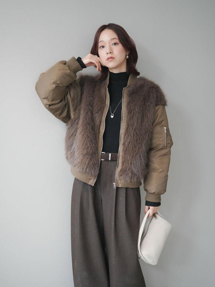 [SET]ファードッキングMA-1+袖ボタンボトルネックリブニットトップス+アニマル柄ベルト付きウールタッチワイドパンツ(3set)