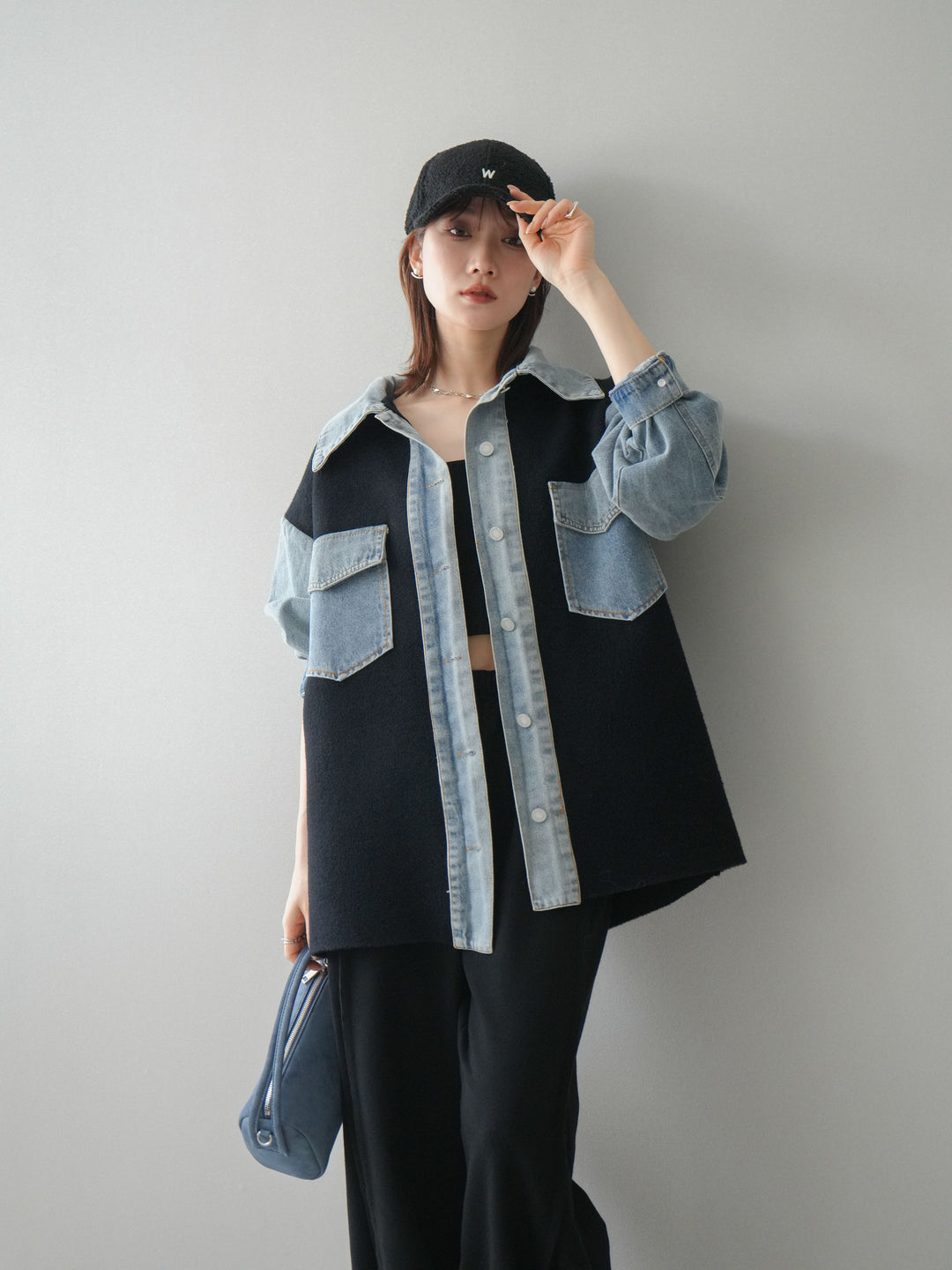 [予約]デニム襟ダブルフェイスニットカーディガン/black