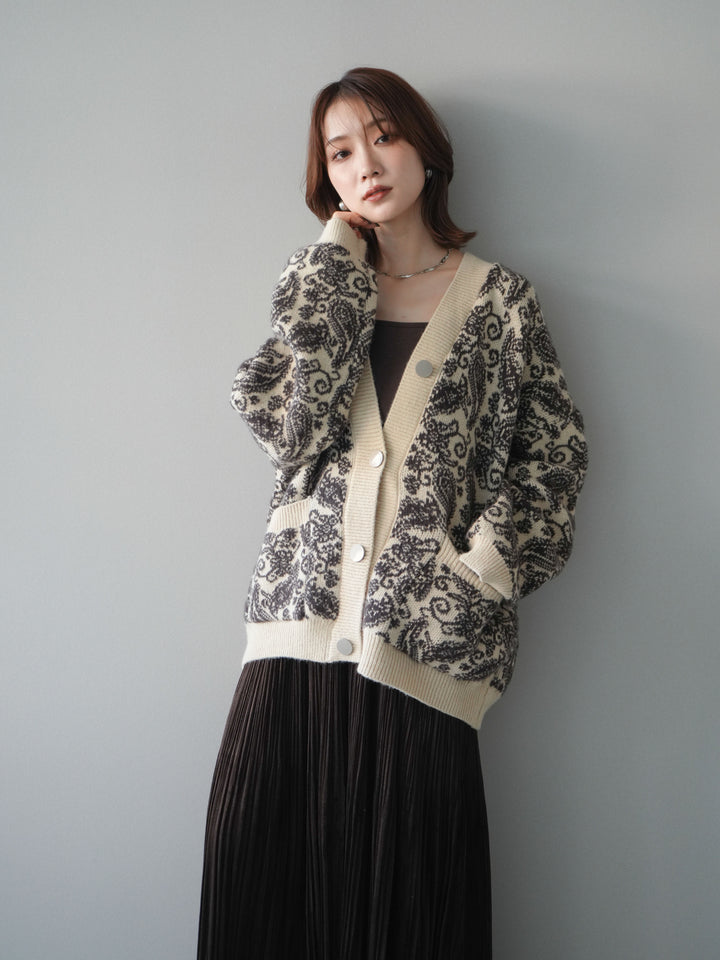 [SET]ペイズリー柄ニットカーディガン+パンチングデザインスエードプリーツスカート(2set)